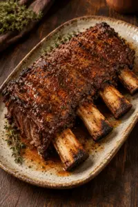Easy oven baked beef ribs finished on a platter