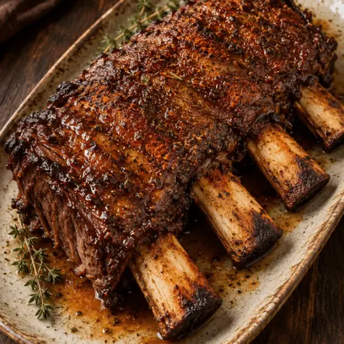 Easy oven baked beef ribs finished on a platter