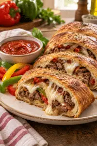 easy pizza stromboli recipe with beef and mozzarella