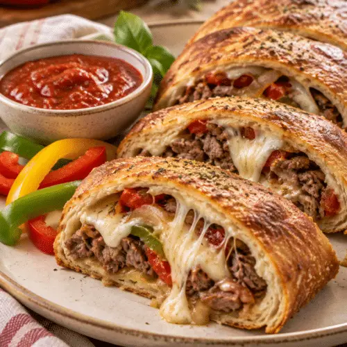easy pizza stromboli recipe with beef and mozzarella