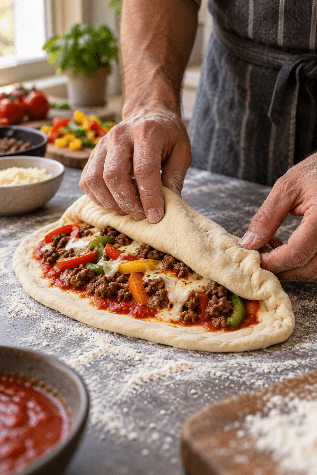 easy pizza stromboli recipe being rolled and sealed