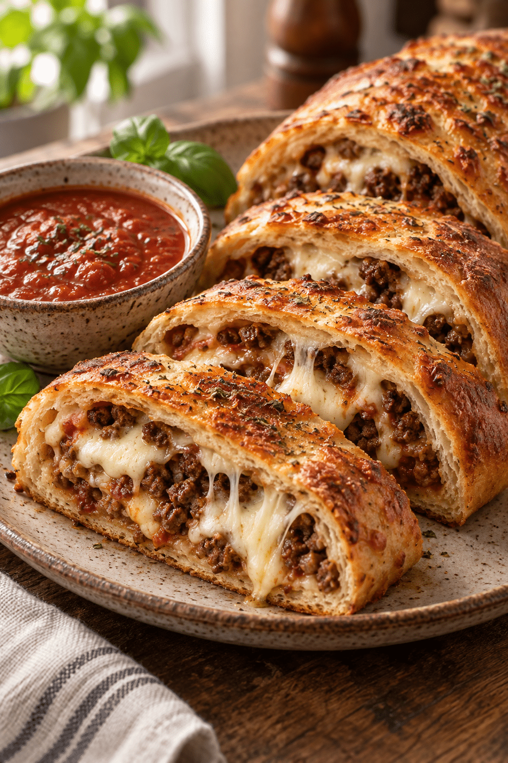sliced easy pizza stromboli recipe served with dipping sauce