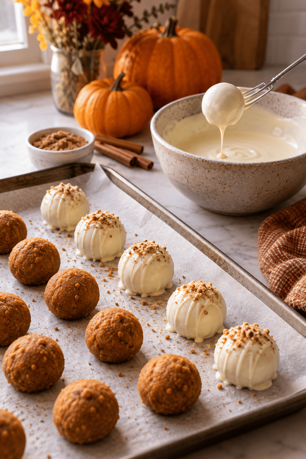 Dipping pumpkin truffles in white chocolate