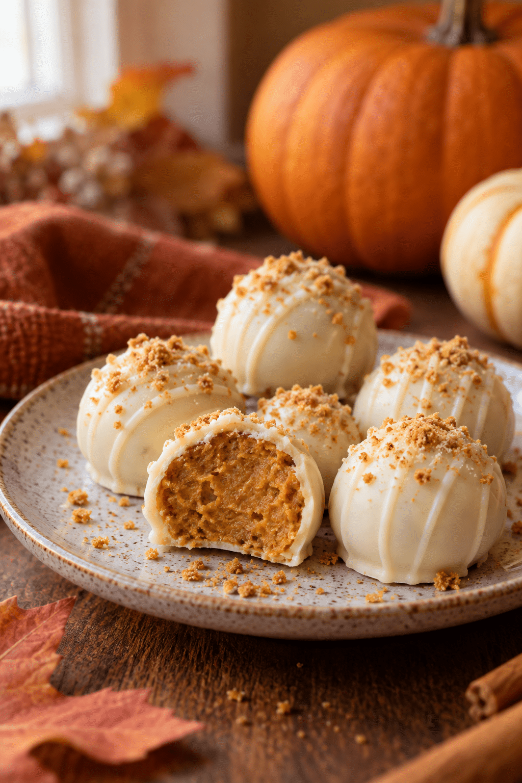 Finished pumpkin truffles with white chocolate coating