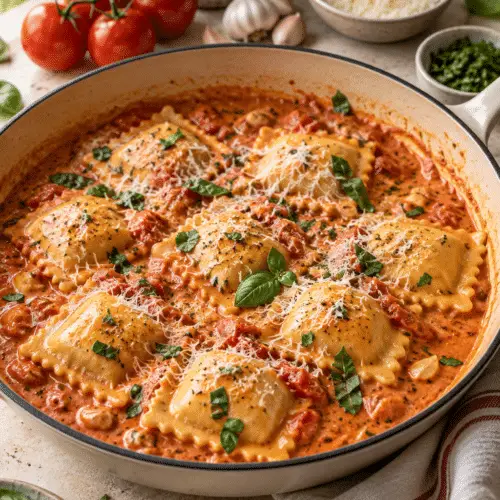 creamy ravioli sauce with tender ravioli