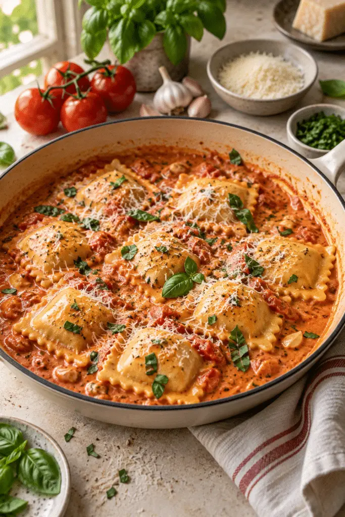 creamy ravioli sauce with tender ravioli