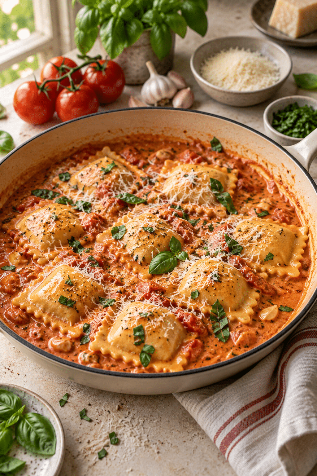 creamy ravioli sauce with tender ravioli