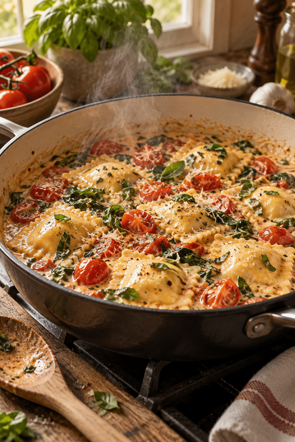 creamy ravioli sauce simmering in a skillet