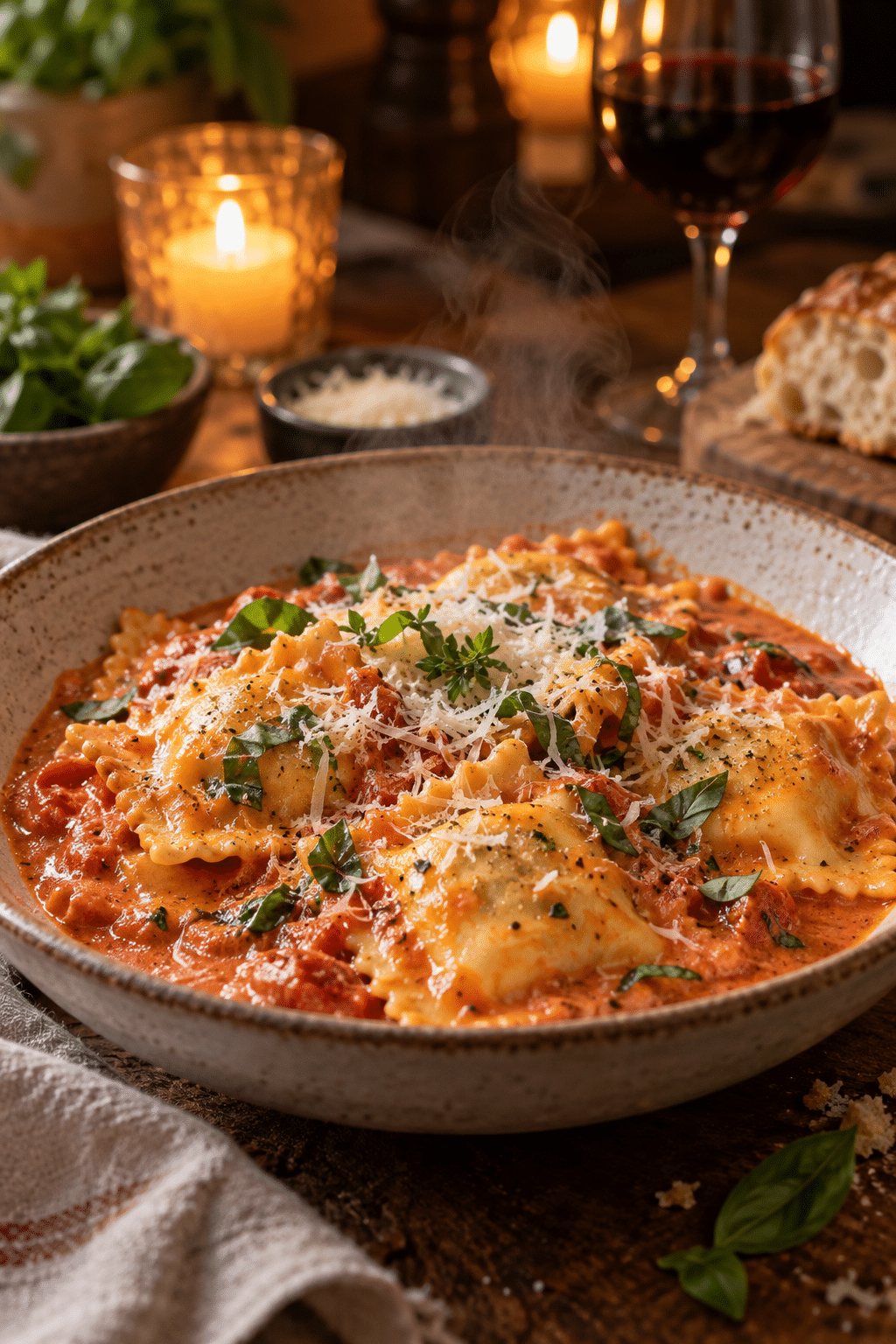 ravioli coated in creamy tomato sauce