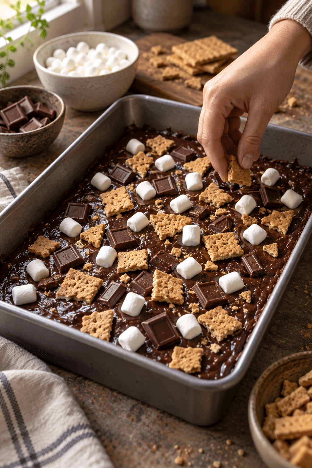 layering graham crackers marshmallows and chocolate on brownies