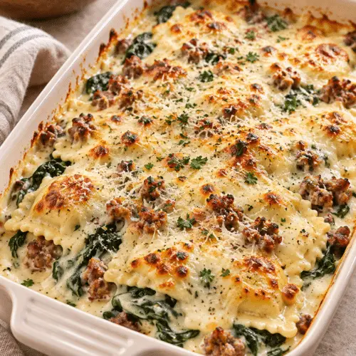 easy white ravioli casserole finished dish