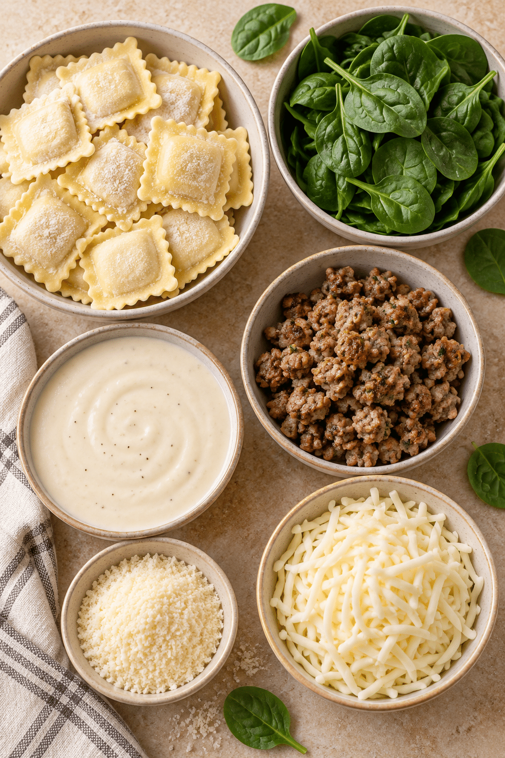 easy white ravioli casserole ingredients arranged for layering