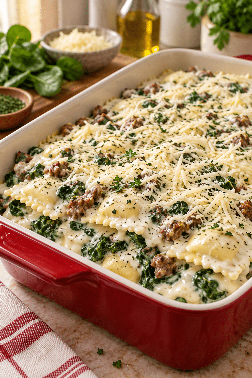 easy white ravioli casserole layered in a baking dish before baking