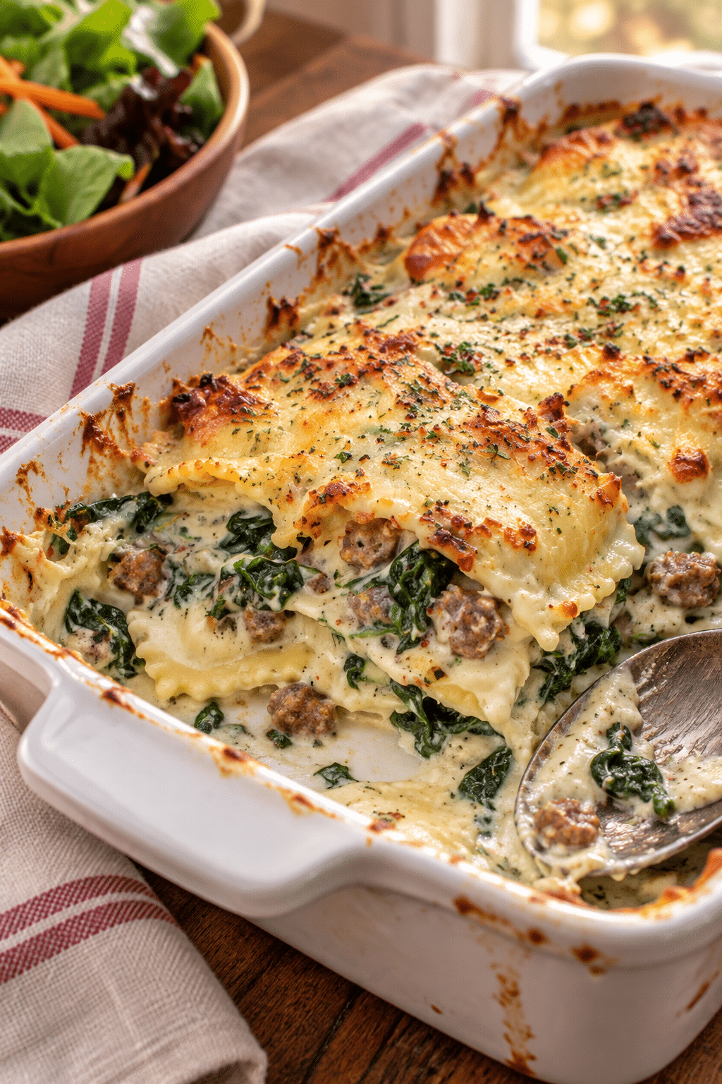 easy white ravioli casserole served with bubbling cheese and spinach
