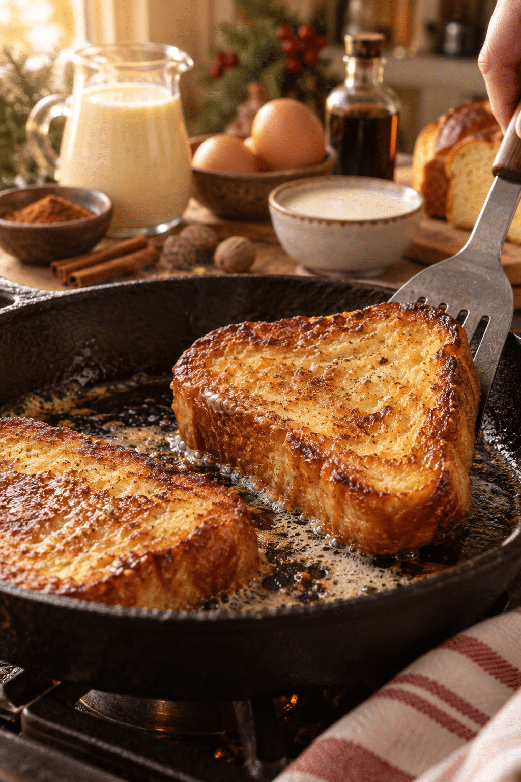 eggnog French toast cooking in a skillet