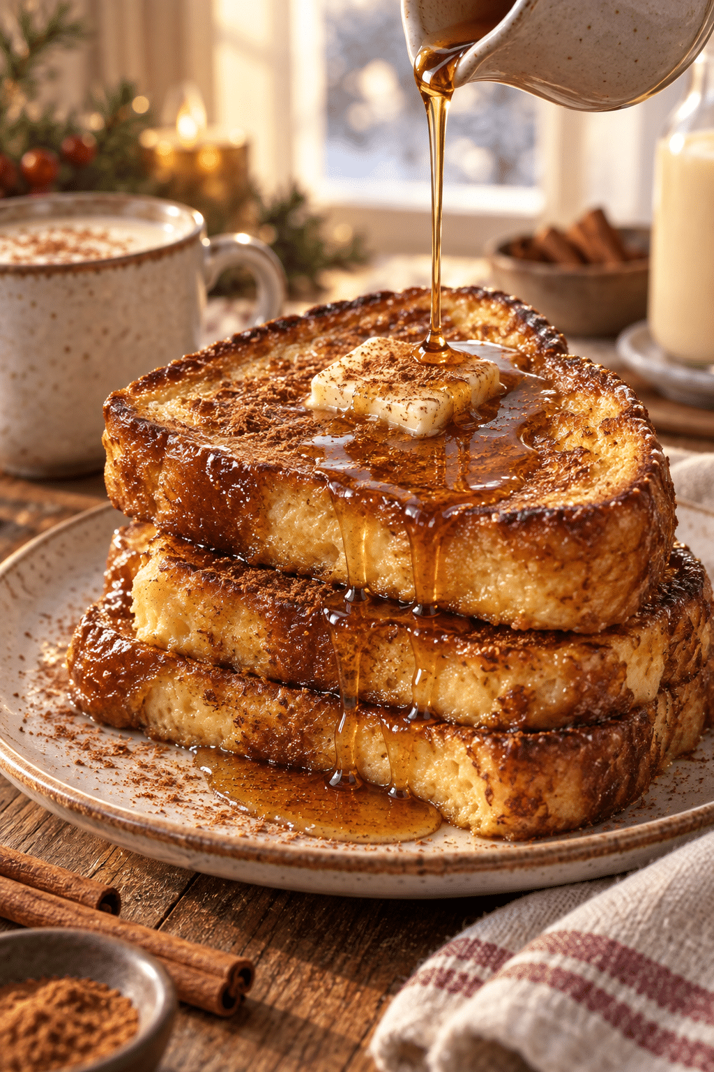 finished eggnog French toast with maple syrup