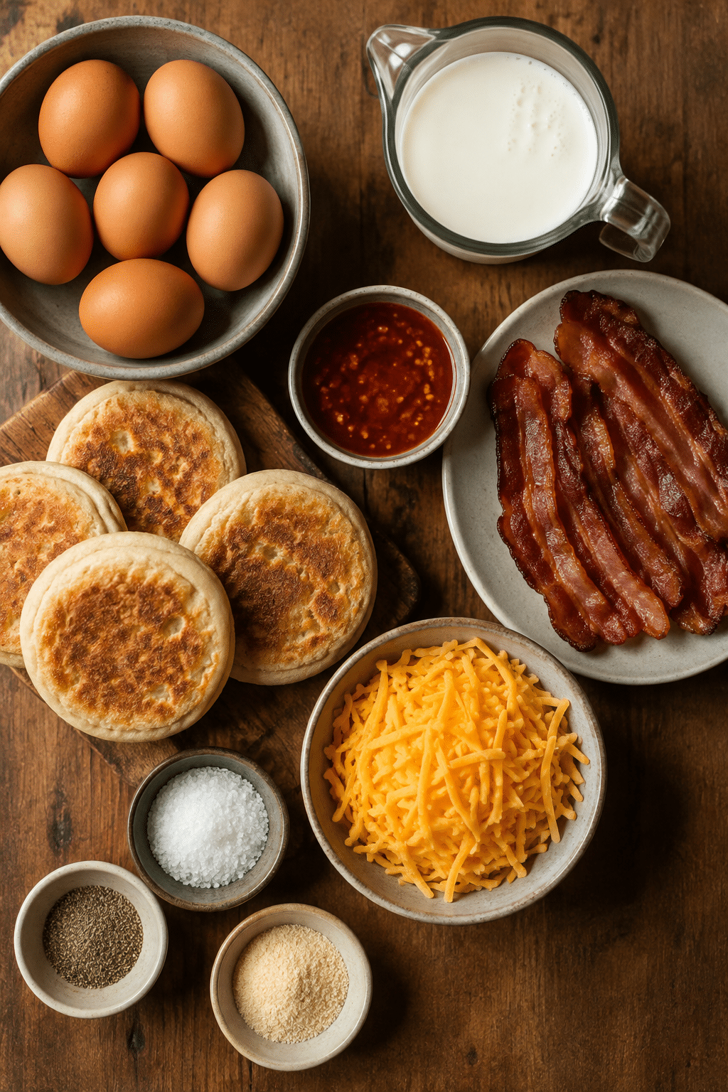 Ingredients measured for English muffin breakfast pizzas