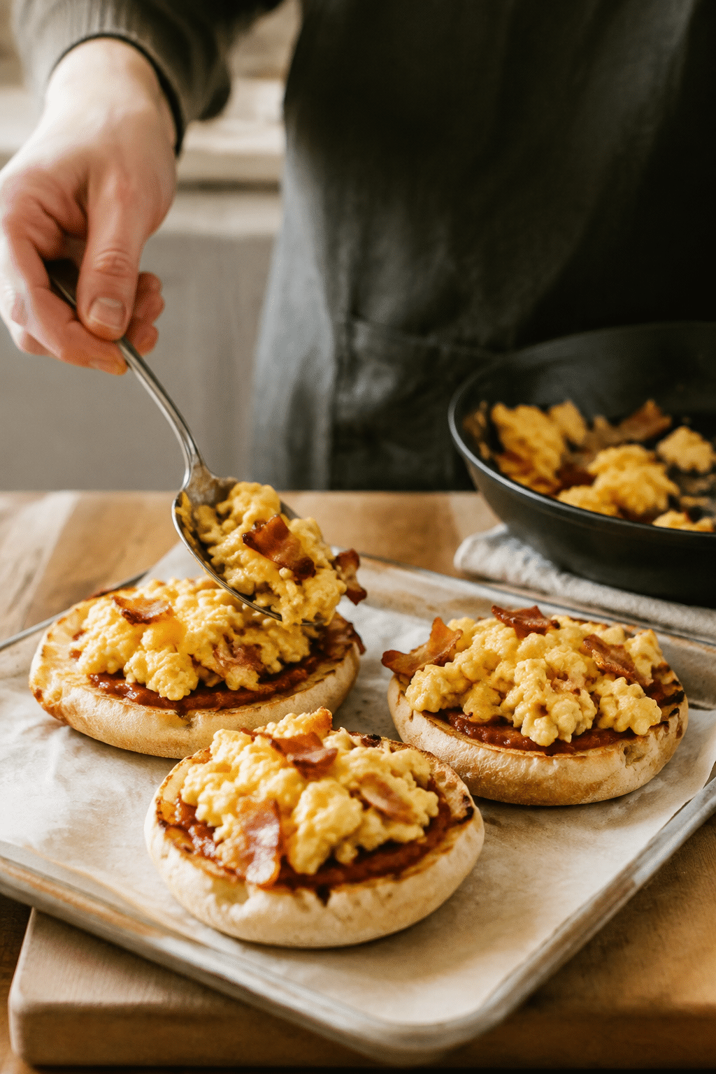 Preparing English muffin breakfast pizzas step by step