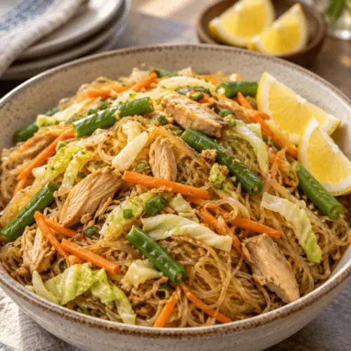 Filipino pancit with chicken and vegetables