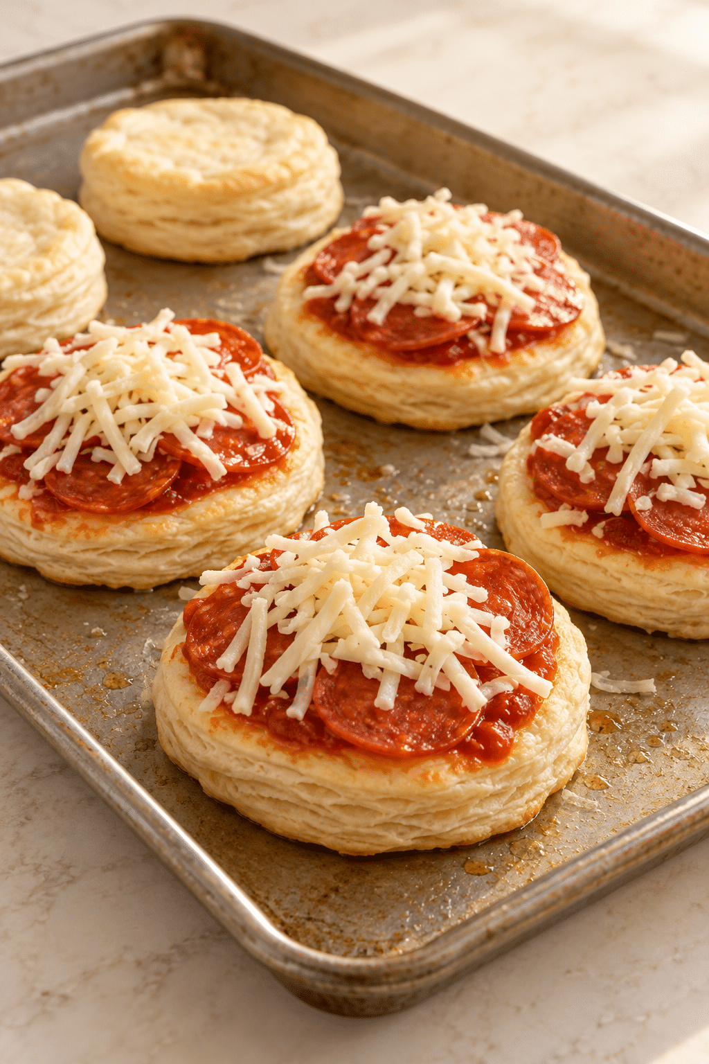 Assembling flaky biscuit pizza snacks before baking