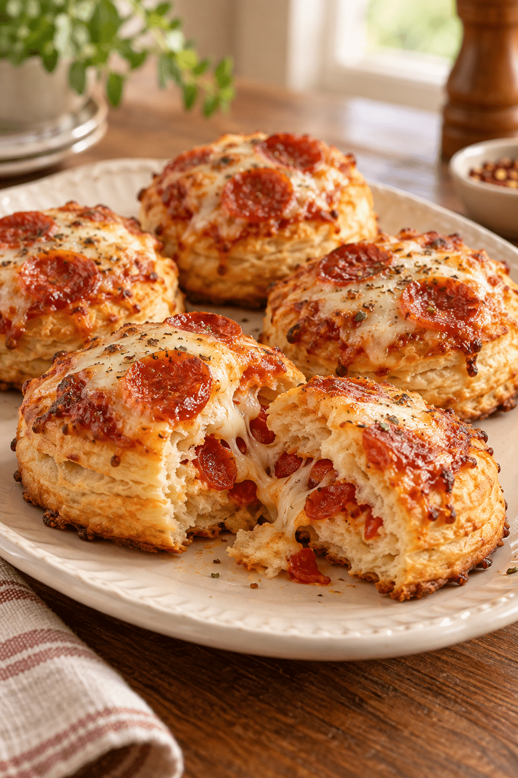 Golden flaky biscuit pizza snacks with pepperoni and mozzarella