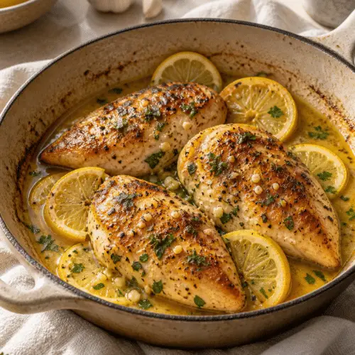French market lemon chicken in a skillet