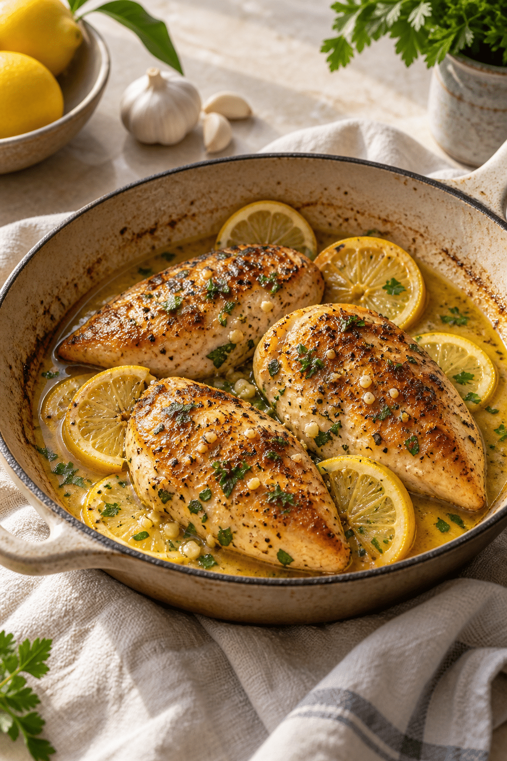 Seared lemon chicken served with lemon pan sauce