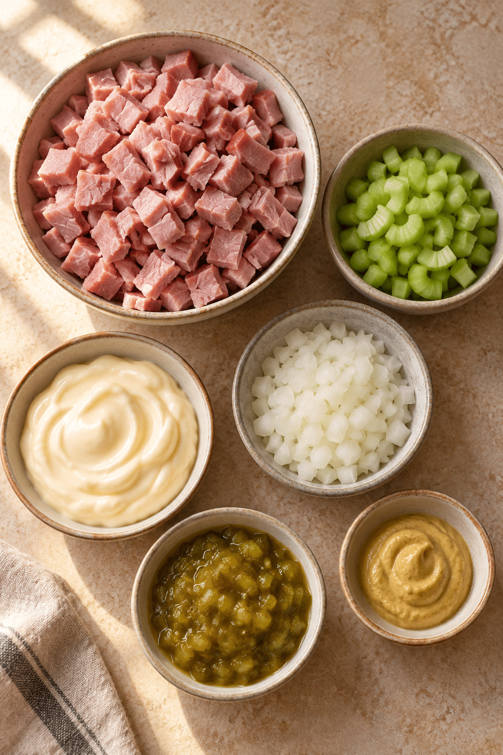 ham salad recipe ingredients arranged on a counter