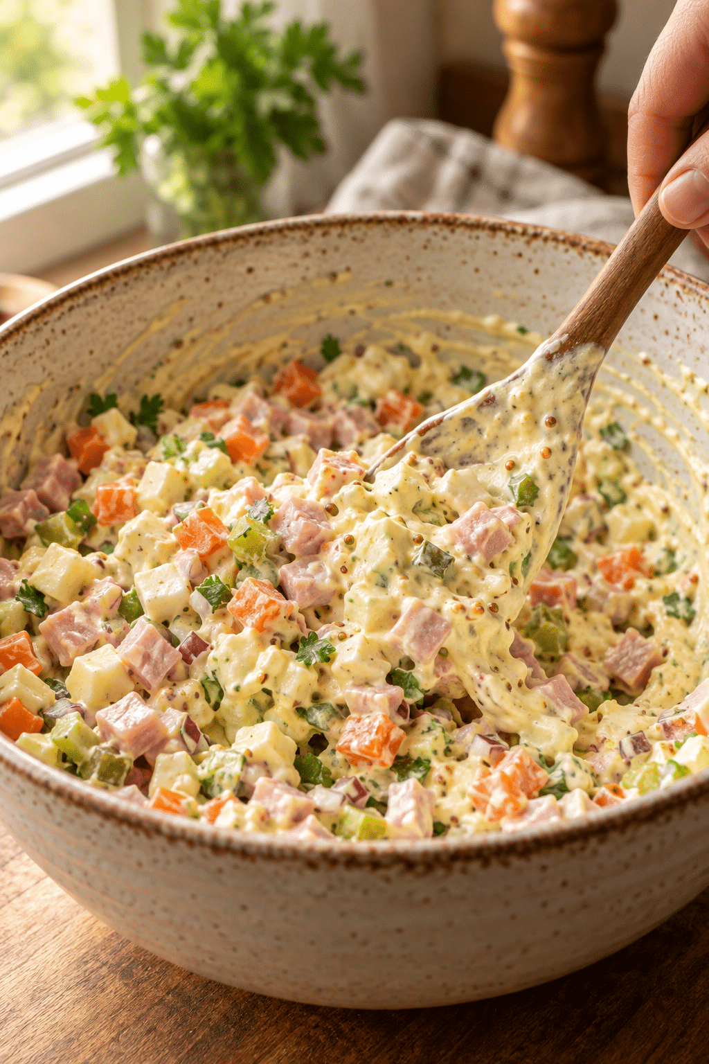ham salad recipe being mixed in a bowl