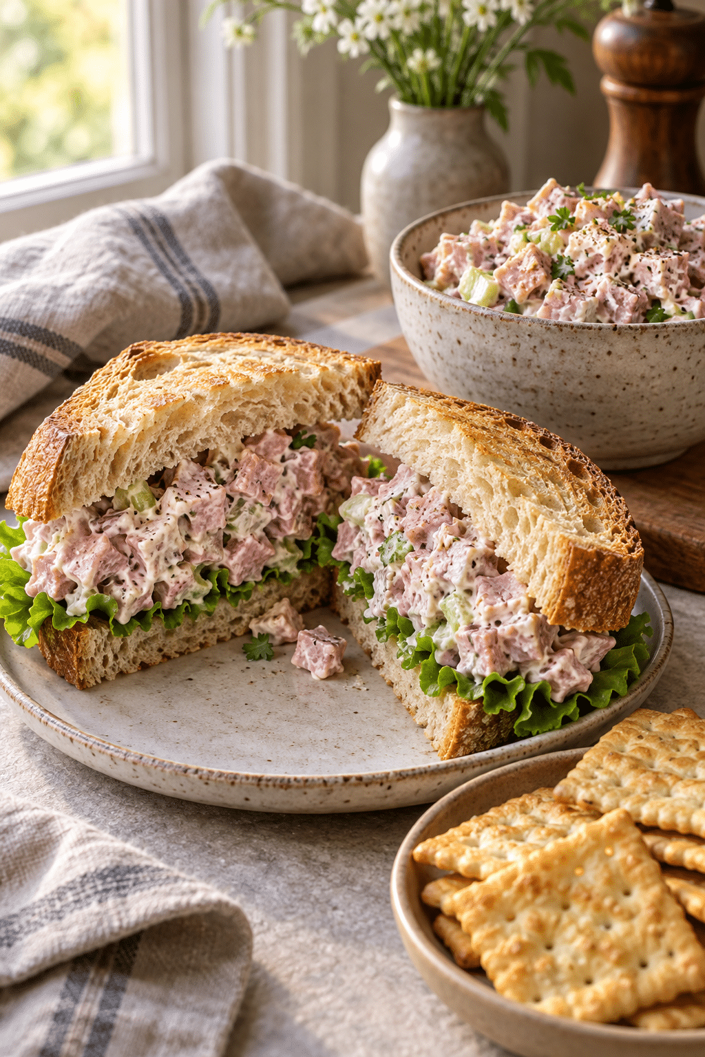 ham salad recipe served in a sandwich and with crackers