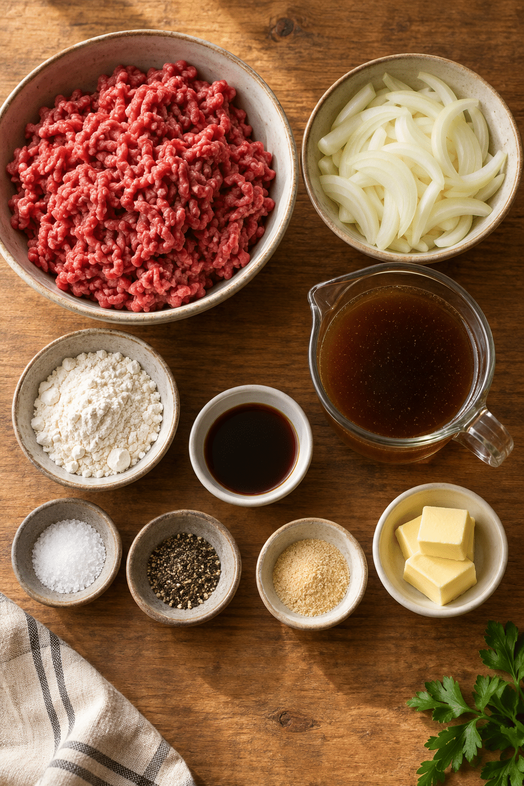 hamburger steaks ingredients measured and arranged