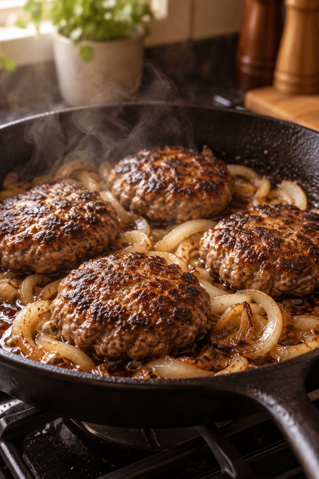 hamburger steaks browning with onions in a skillet