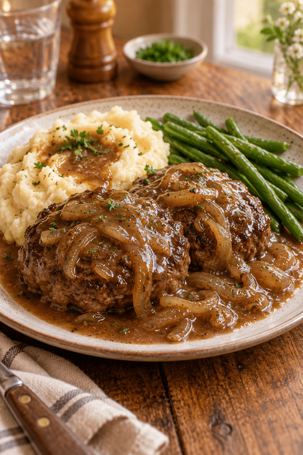 hamburger steaks served with onion gravy