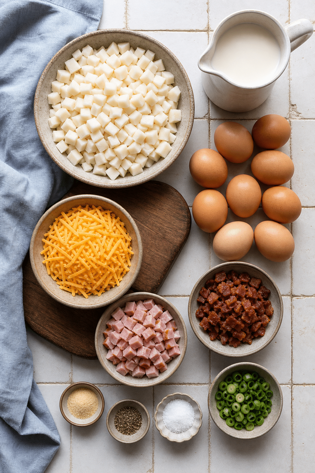 Farmer's breakfast casserole ingredients measured and arranged