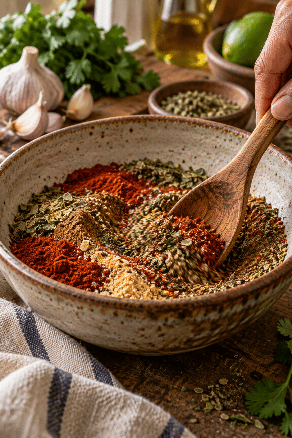 mixing homemade Cuban seasoning in a bowl