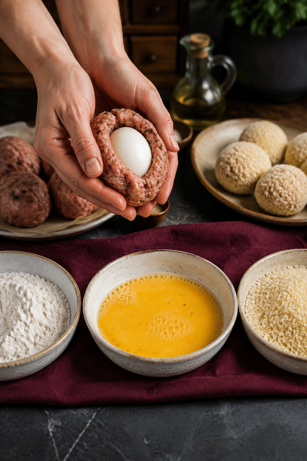 Process step for homemade scotch eggs