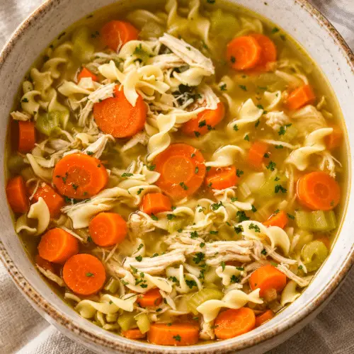 homestyle chicken noodle soup in a warm bowl