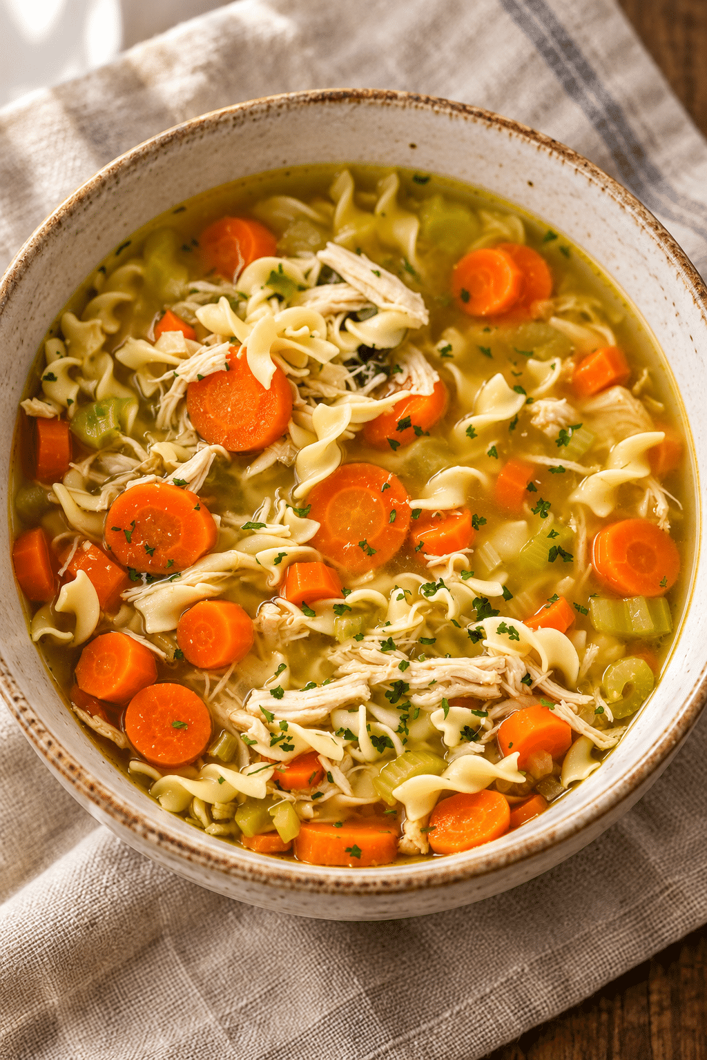 homestyle chicken noodle soup in a warm bowl
