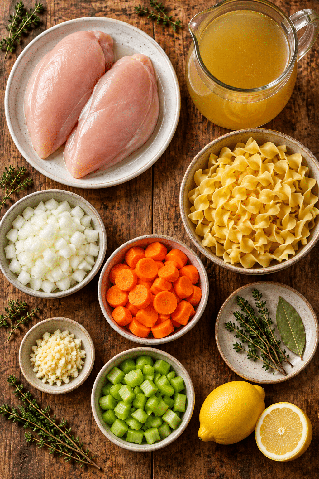chicken noodle soup ingredients arranged for cooking