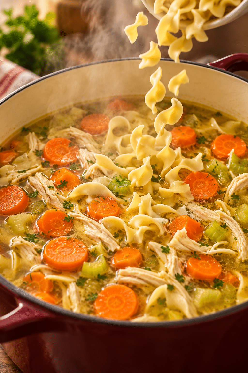 chicken noodle soup preparation in progress