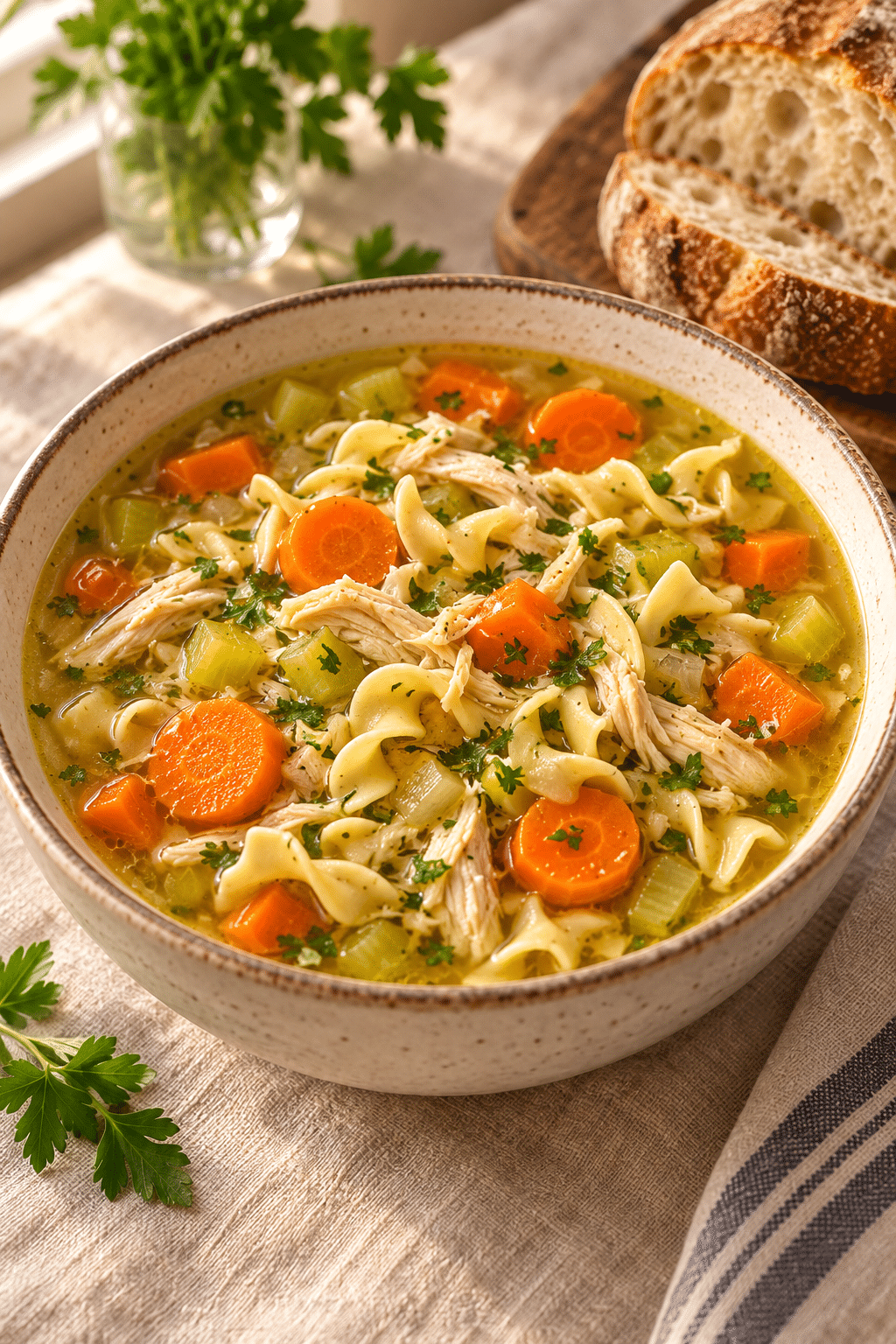 homestyle chicken noodle soup served warm