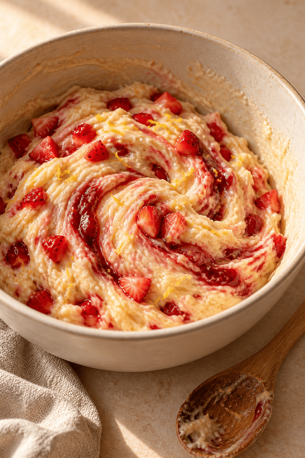 Honey Strawberry Muffins batter with strawberries