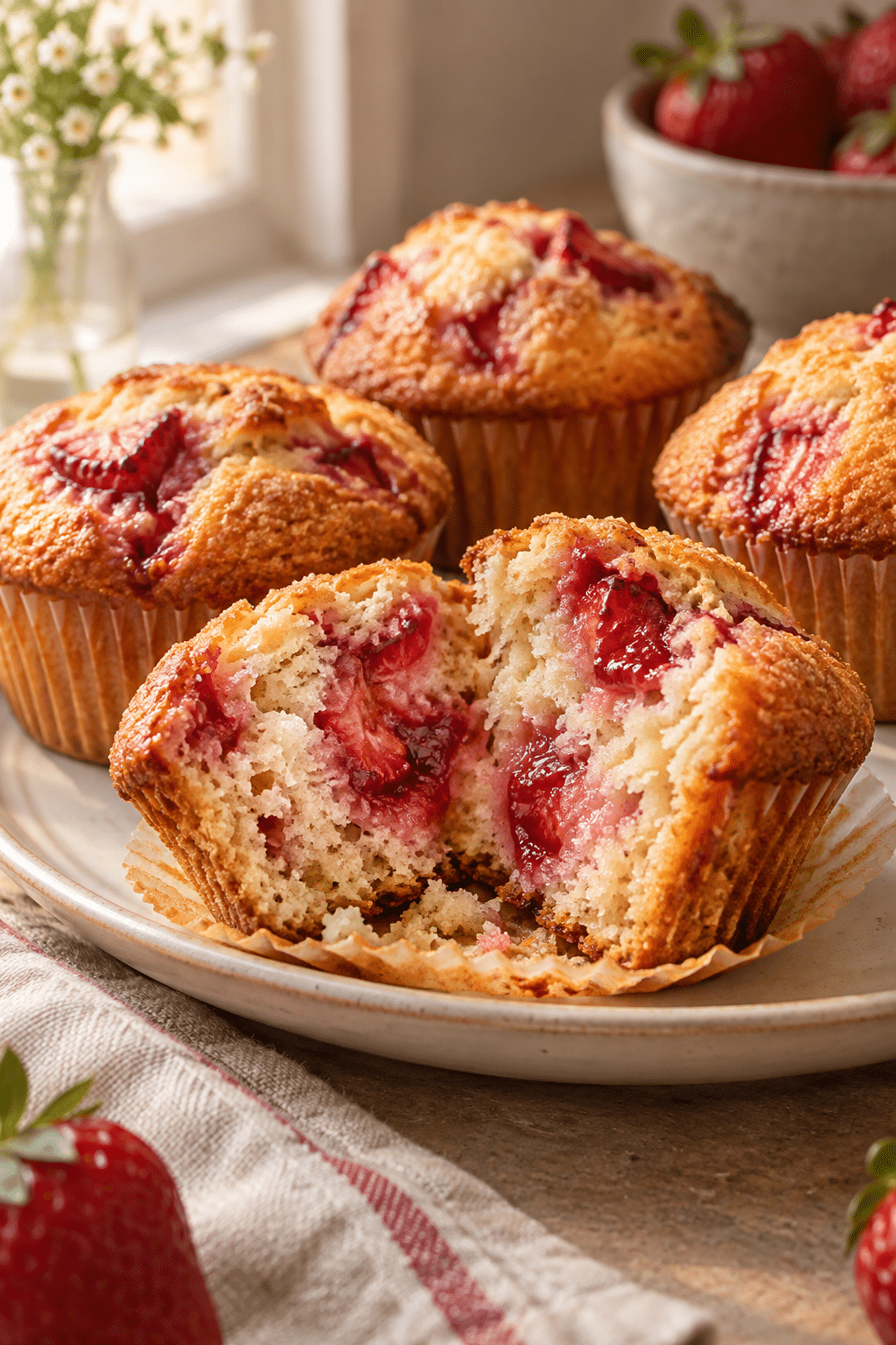 Baked Honey Strawberry Muffins showing a tender crumb