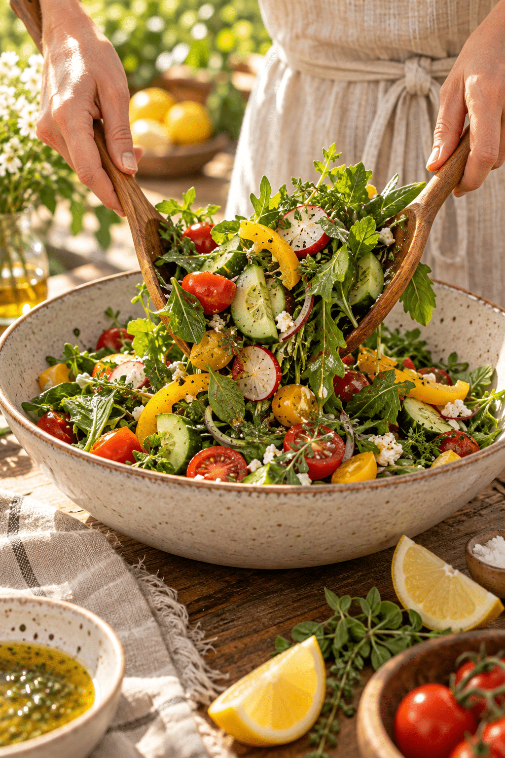 hot girl summer salad being tossed with oregano dressing