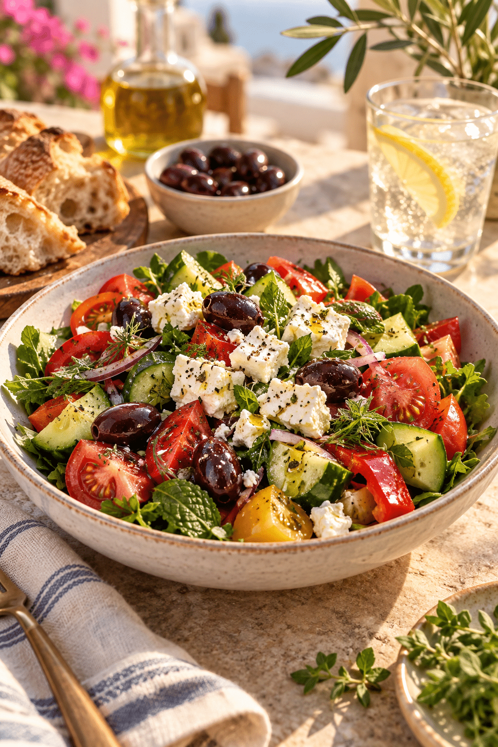 finished hot girl summer salad served with feta and olives