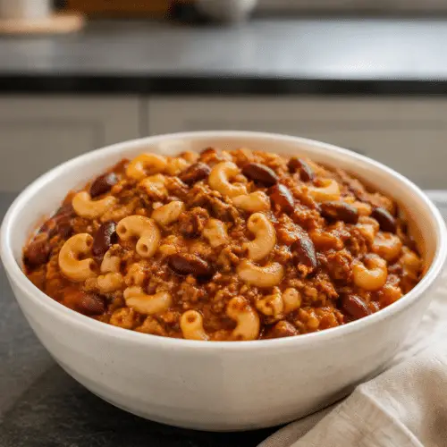 Instant pot sausage chili mac served in a cream bowl