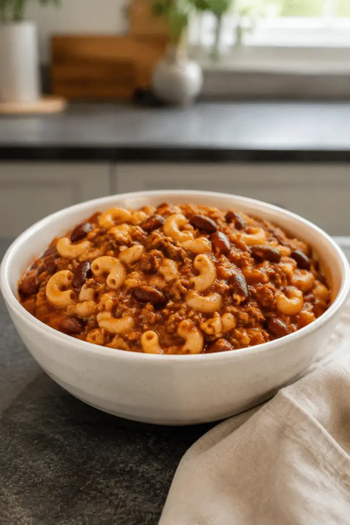 Instant pot sausage chili mac served in a cream bowl
