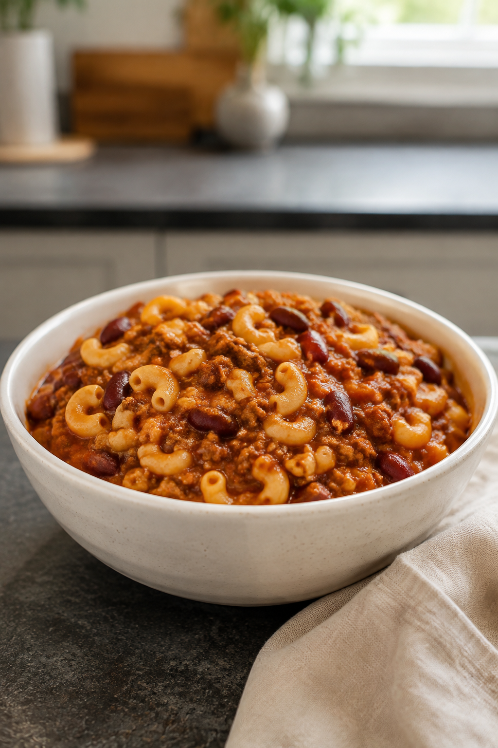 Instant pot sausage chili mac served in a cream bowl