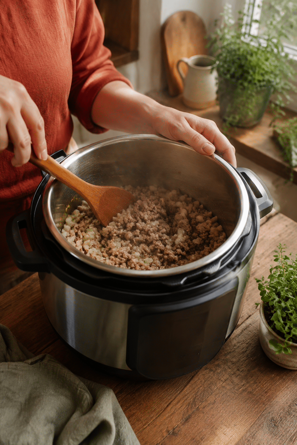 Ground sausage and onion sautéing in a pressure cooker