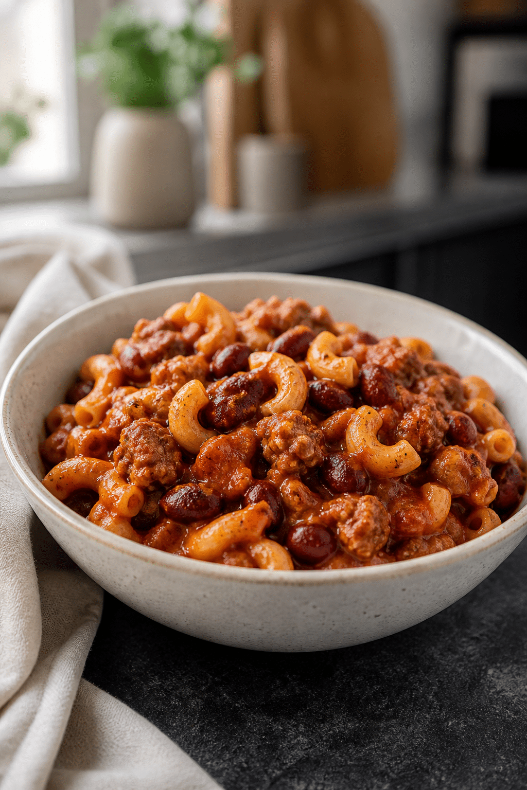 Finished sausage chili mac with elbow pasta and kidney beans
